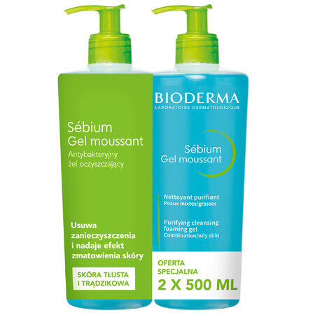 Bioderma Sebium Gel Moussant, gel antibacterian de curățare facială, 2 x 500 ml