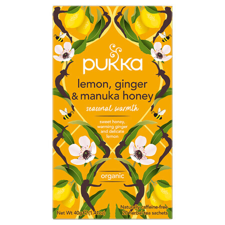 Pukka Lemon Ginger &amp; Manuka Honey Organic, tisane de fruits et d'herbes, gingembre et citron, aromatisée, 2 g x 20 sachets 