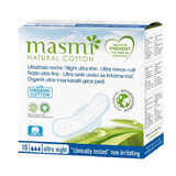 Masmi Natural Cotton, Damenbinden aus Bio-Baumwolle, mit Flügeln, für die Nacht, hauchdünn, 10 Stück