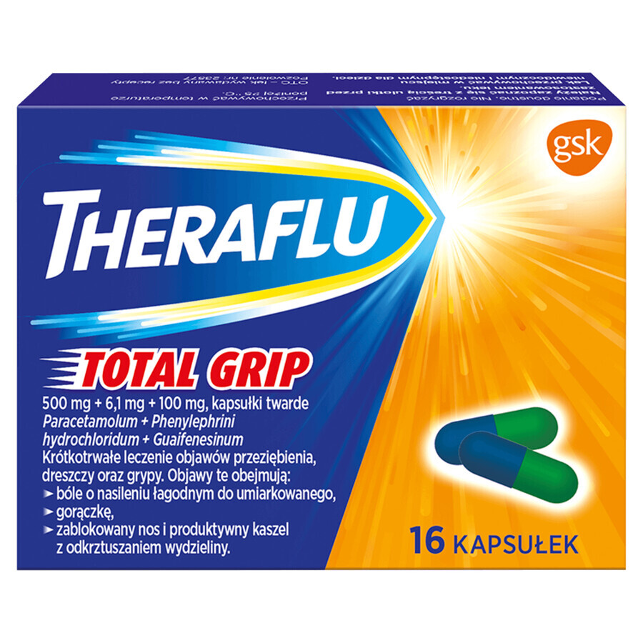 Theraflu Total Grip 500 mg + 6,1 mg + 100 mg, 16 Kapseln