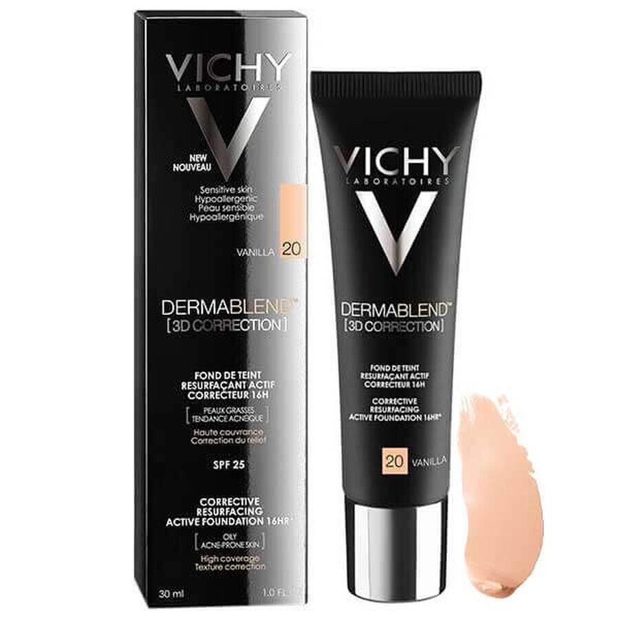 Vichy Dermablend Correction 3D, egaliserende foundation voor het huidoppervlak, Nr. 20, Vanille, 30 ml