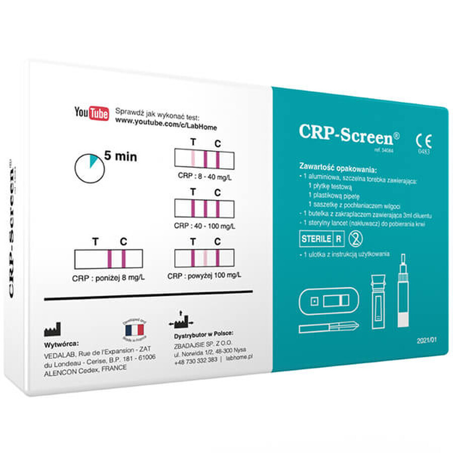 LabHome CRP-Screen, test de sânge pentru nivelul proteinei CRP, diagnosticarea infecțiilor și inflamațiilor, 1 buc