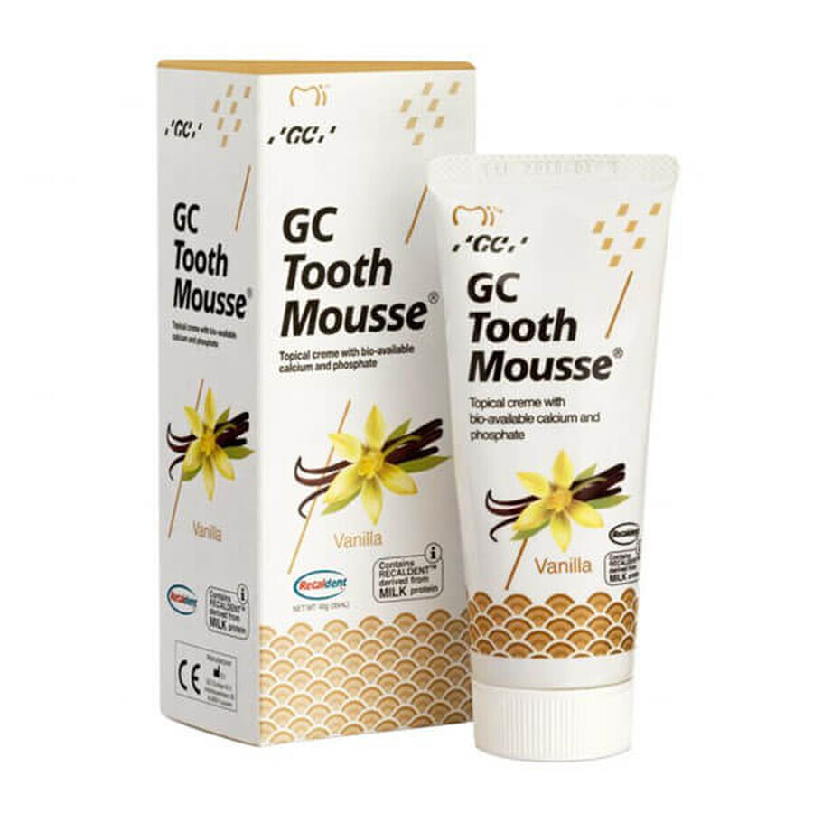 GC Tooth Mousse, pasta para uso tópico, sabor vainilla, sin flúor, 35 ml