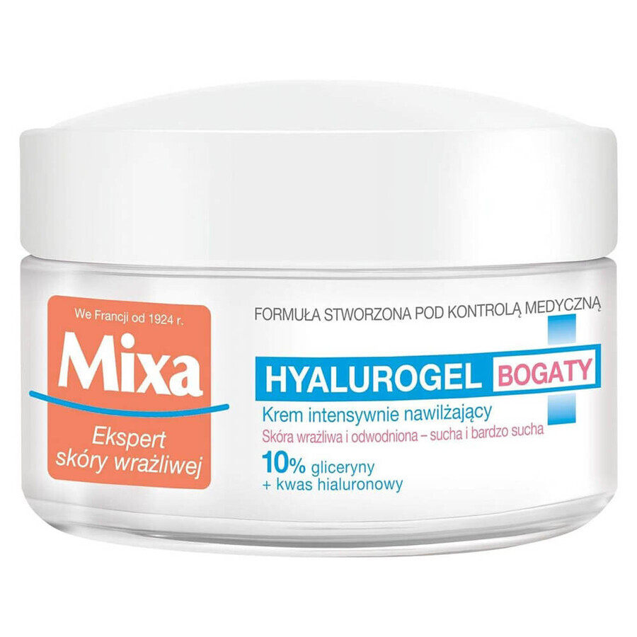 Mixa Hyalurogel, crema hidratante 24 horas, pieles ricas, secas y muy secas, 50 ml