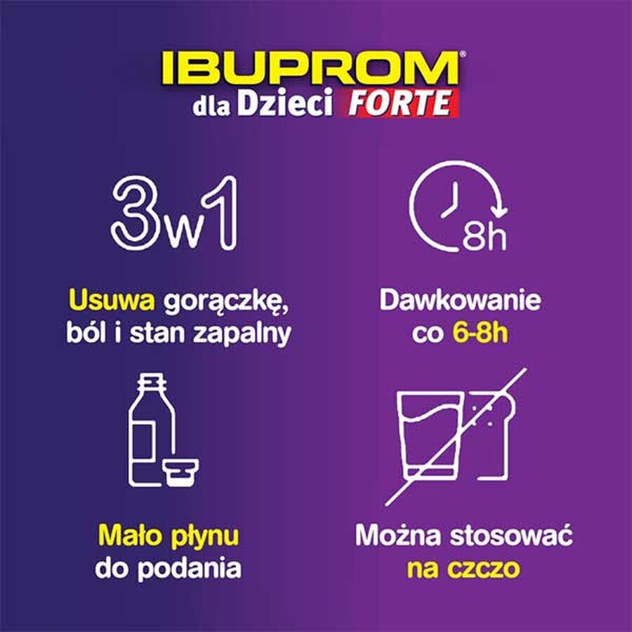 Ibuprom for Children Forte 200 mg/ 5 ml, suspensión oral a partir de 3 meses, sabor fresa, 100 ml