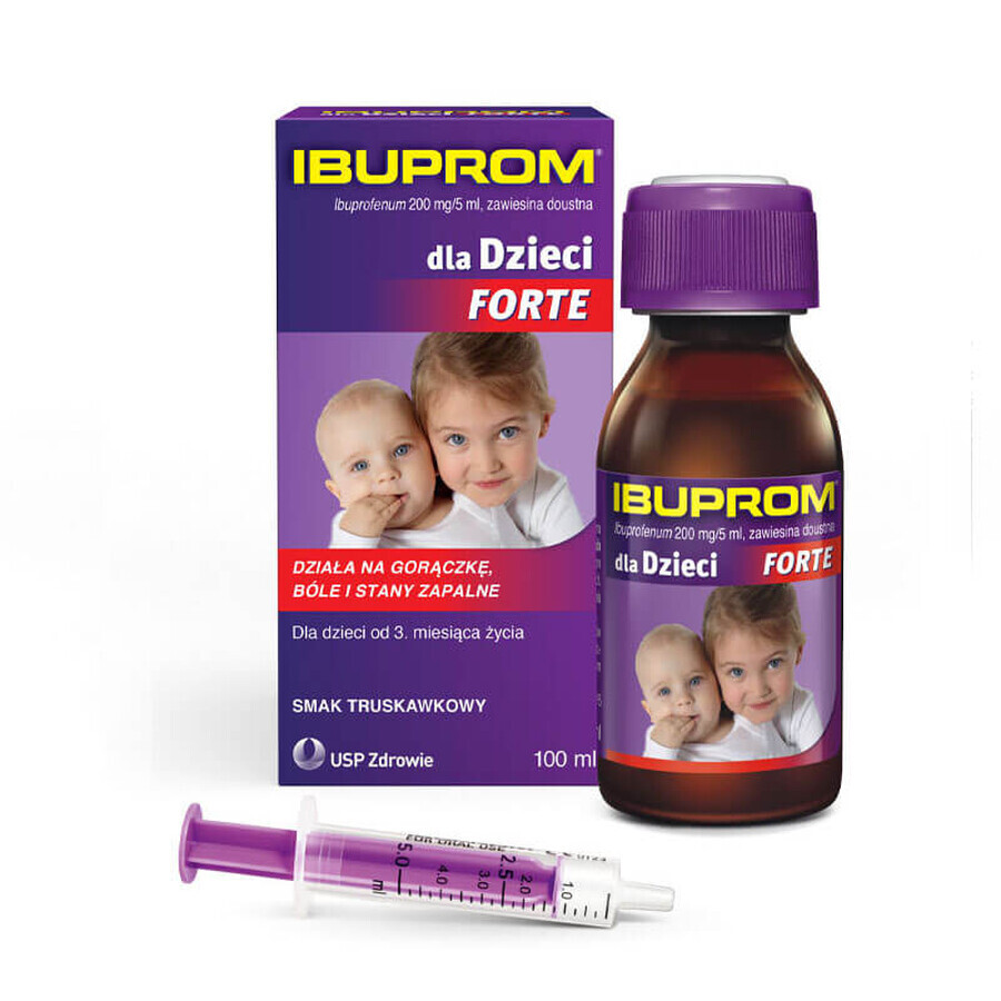 Ibuprom for Children Forte 200 mg/ 5 ml, suspensión oral a partir de 3 meses, sabor fresa, 100 ml