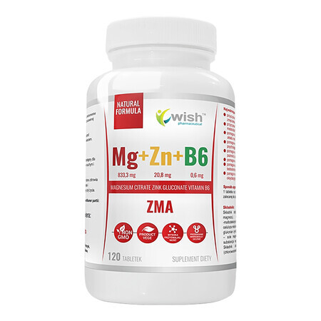 Wish Mg + Zn + B6 ZMA, Magnesium, Zink, Vitamin B6, 120 Tabletten
