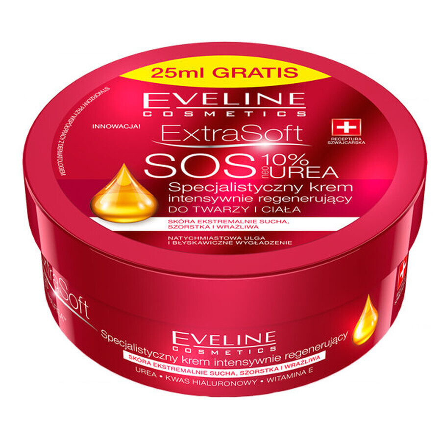 Eveline Cosmetics Extra Soft SOS, crème régénératrice intensive spécialisée, pour le visage et le corps, 10% d'urée, 200 ml