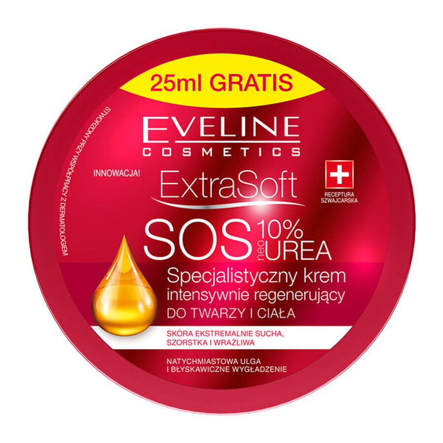 Eveline Cosmetics Extra Soft SOS, crème régénératrice intensive spécialisée, pour le visage et le corps, 10% d'urée, 200 ml