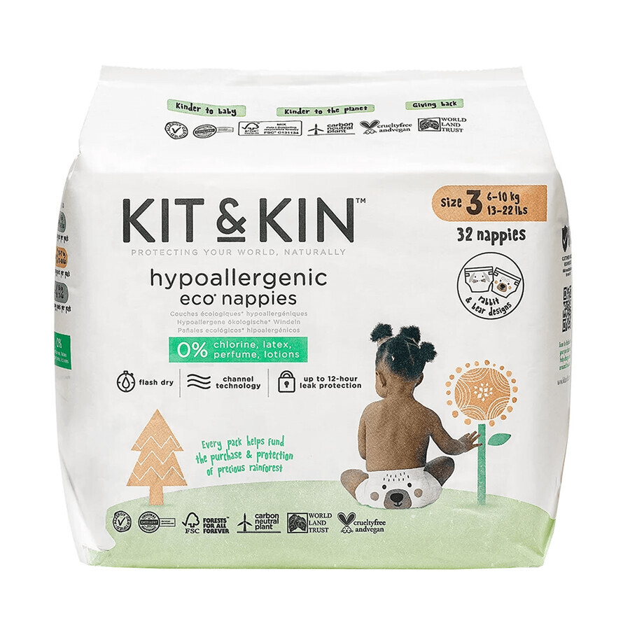 Kit&amp;Kin, Wegwerfwindeln, biologisch abbaubar, Größe 3, 6 -10 kg, 32 Stück