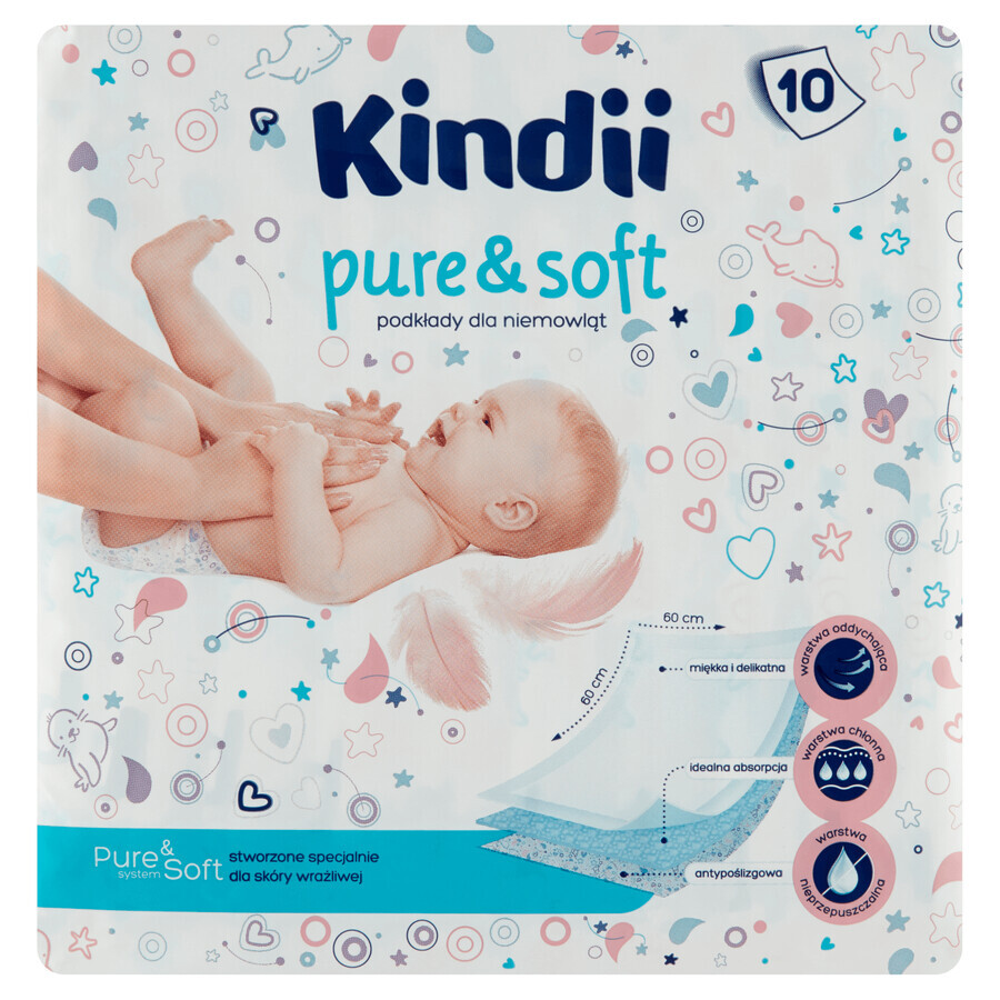 Kindii Pure &amp; Soft, Babyeinlagen, Einweg, 60 cm x 60 cm, 10 Stück