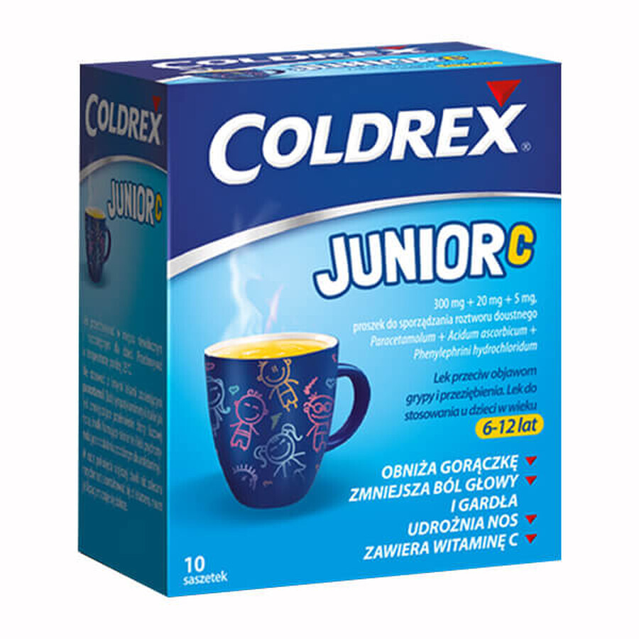 Coldrex Junior C 300 mg + 20 mg +5 mg, Pulver zum Einnehmen für Kinder von 6-12 Jahren, Zitronengeschmack, 10 Beutel