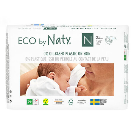 Eco By Naty, Bio-Wegwerfwindeln Größe 0, 1-4,5 kg, 25 Stück