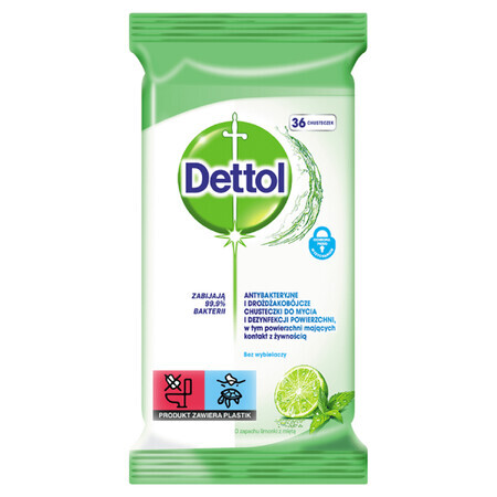 Dettol Anti-Bacterial and Anti-Yeast Wipes for Cleaning and Disinfecting Surfaces, Lime and Mint, 36 Count