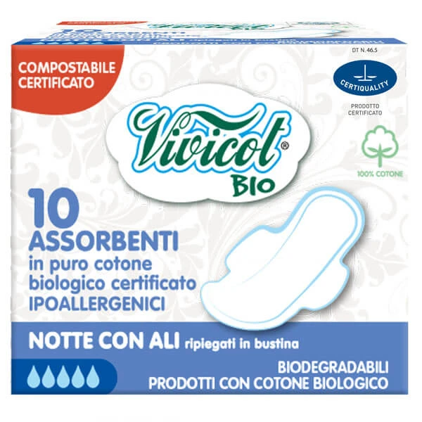 Vivicot Bio, Damenbinden aus Bio-Baumwolle, mit Flügeln, kompostierbar, für die Nacht, 10 Stück