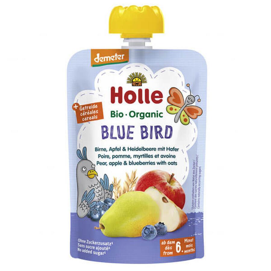 Holle, Fruchtmousse in der Tube, Blue Bird, Birne, Apfel, Heidelbeere mit Hafer, nach 6 Monaten, 100 g