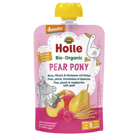 Holle, Fruitmousse in een tube, Perenpony, peer, perzik en framboos, na 8 maanden, 100 g