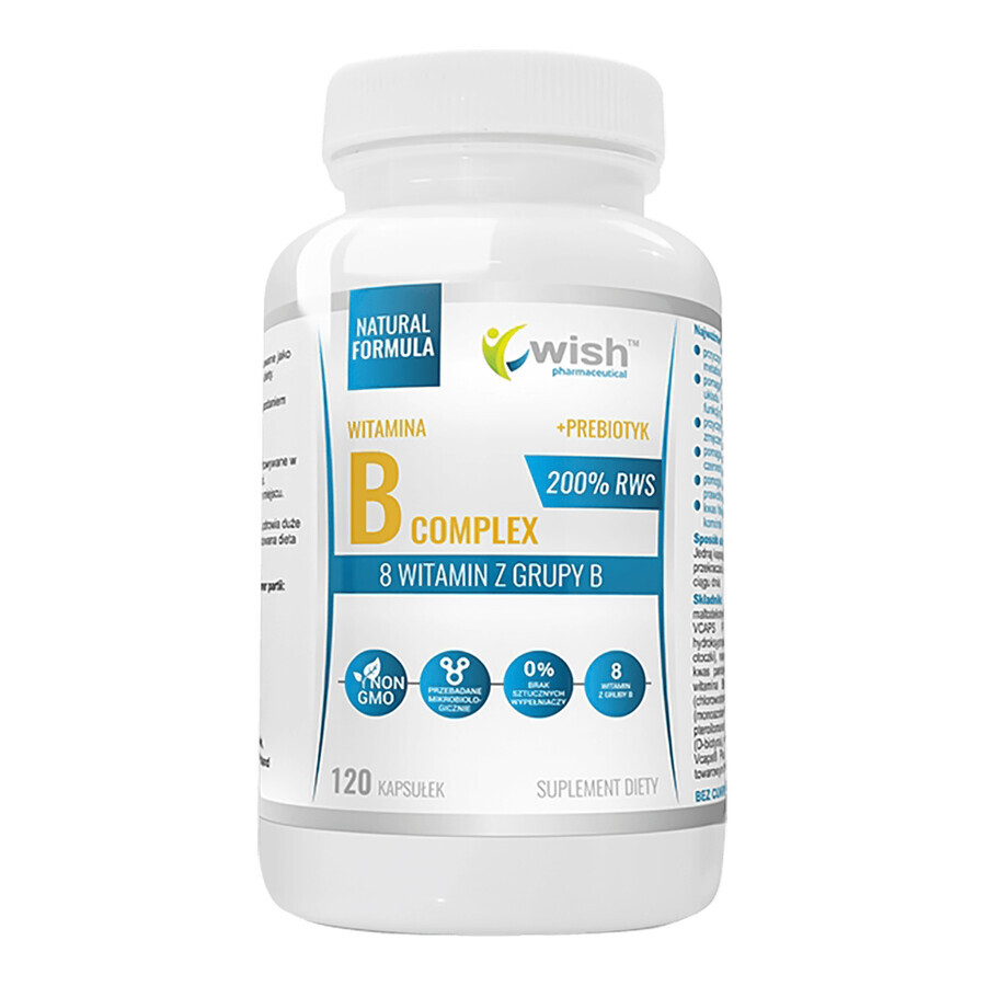 Wish Vitamin B Complex, 8 B-Vitamine + Präbiotikum, 120 Kapseln