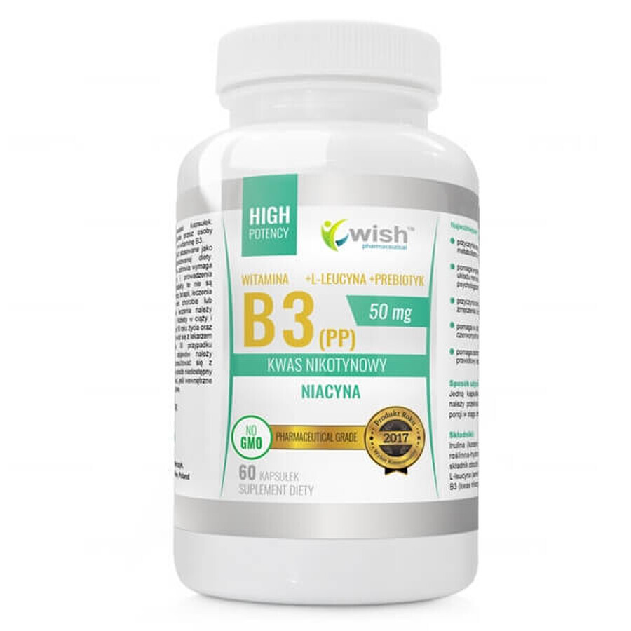 Wish, Vitamine B3 50 mg + L-leucine + prébiotique, 60 gélules