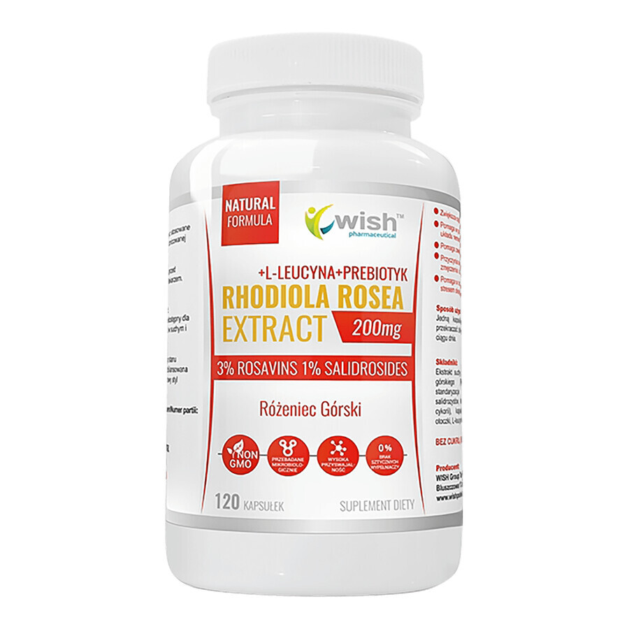 Wish, Rhodiola rosea extract, Rhodiola rosea + L-Leucin + Präbiotikum, 120 Kapseln