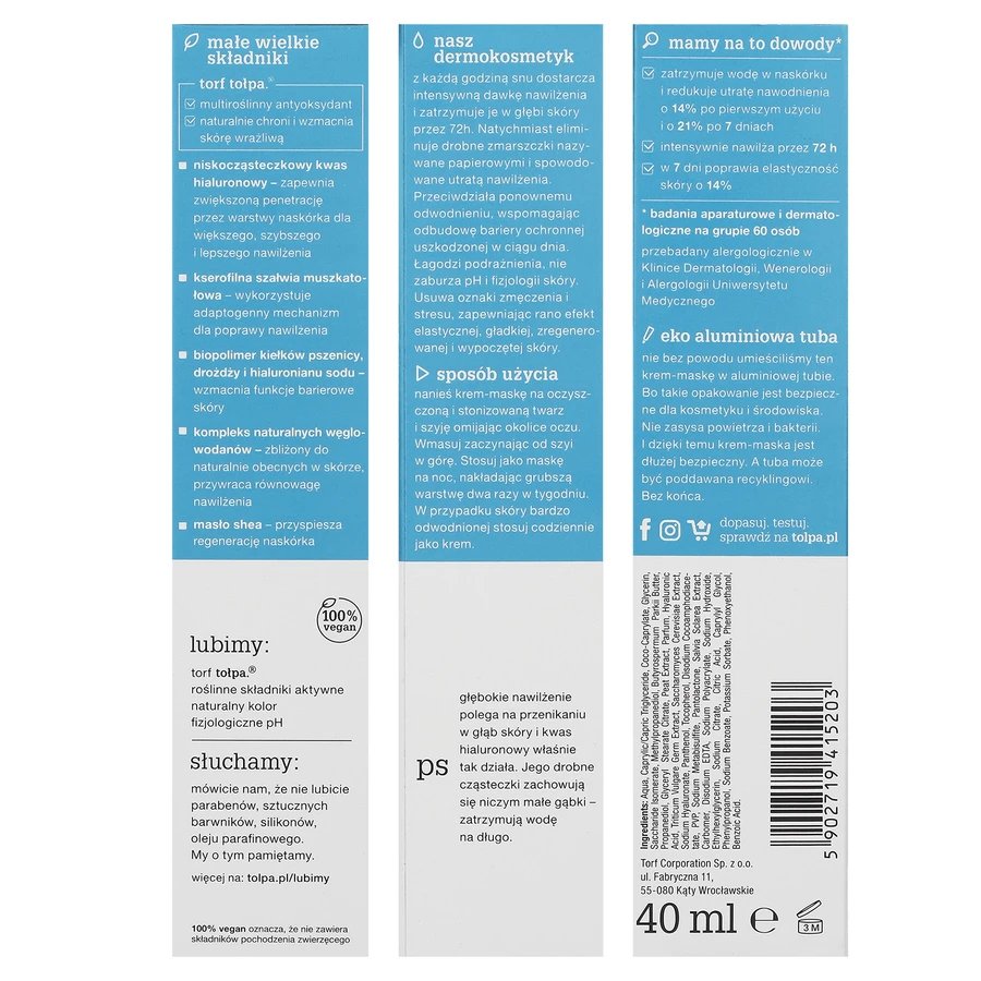 Tolpa Dermo Face, Hydrativ, relaxing moisturizing cream-mask for face, neck and décolleté, night, 40 ml