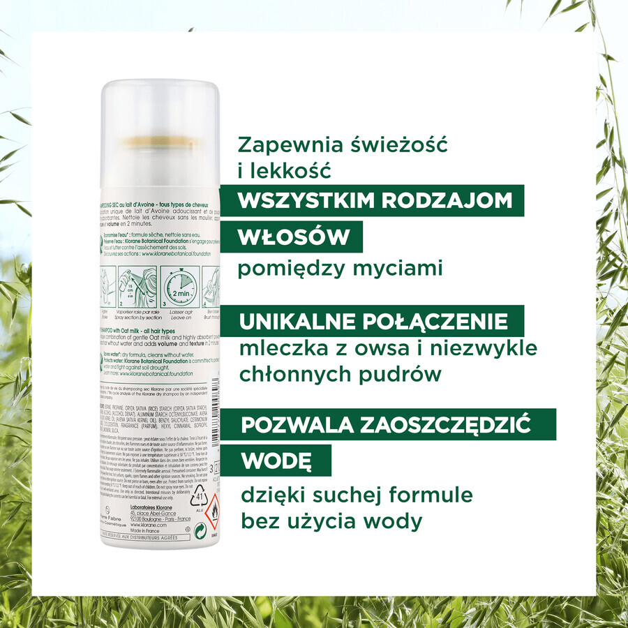 Klorane, șampon uscat ultra-ușor cu lapte de ovăz pentru toate tipurile de păr, 150 ml