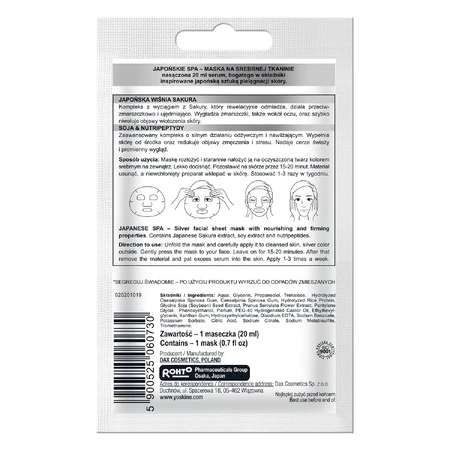 Yoskine Geisha Maske Sakura, silberne Stoffmaske, nährend und straffend, 20 ml