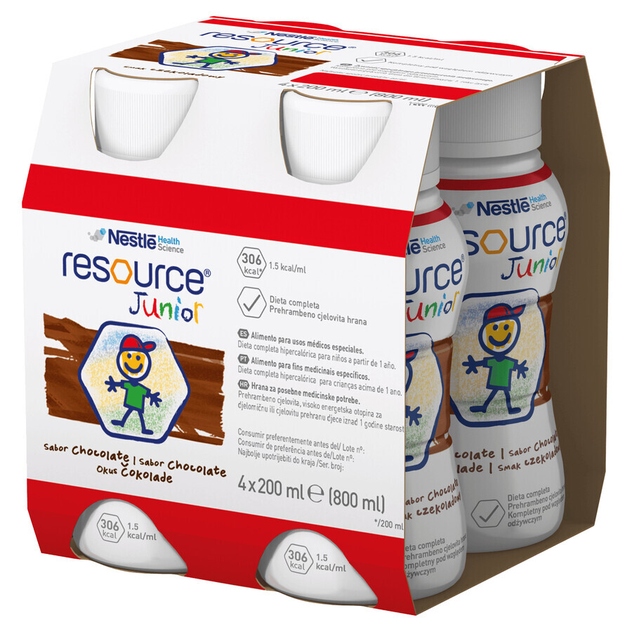 Resource Junior, Nahrungszubereitung ab 1 Jahr, Geschmacksrichtung Schokolade, 4 x 200 ml