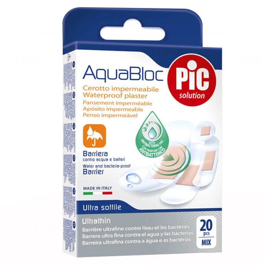 Pic Solution AquaBloc, Verbandspflaster, antibakteriell, wasserfest, Mix, 20 Stück