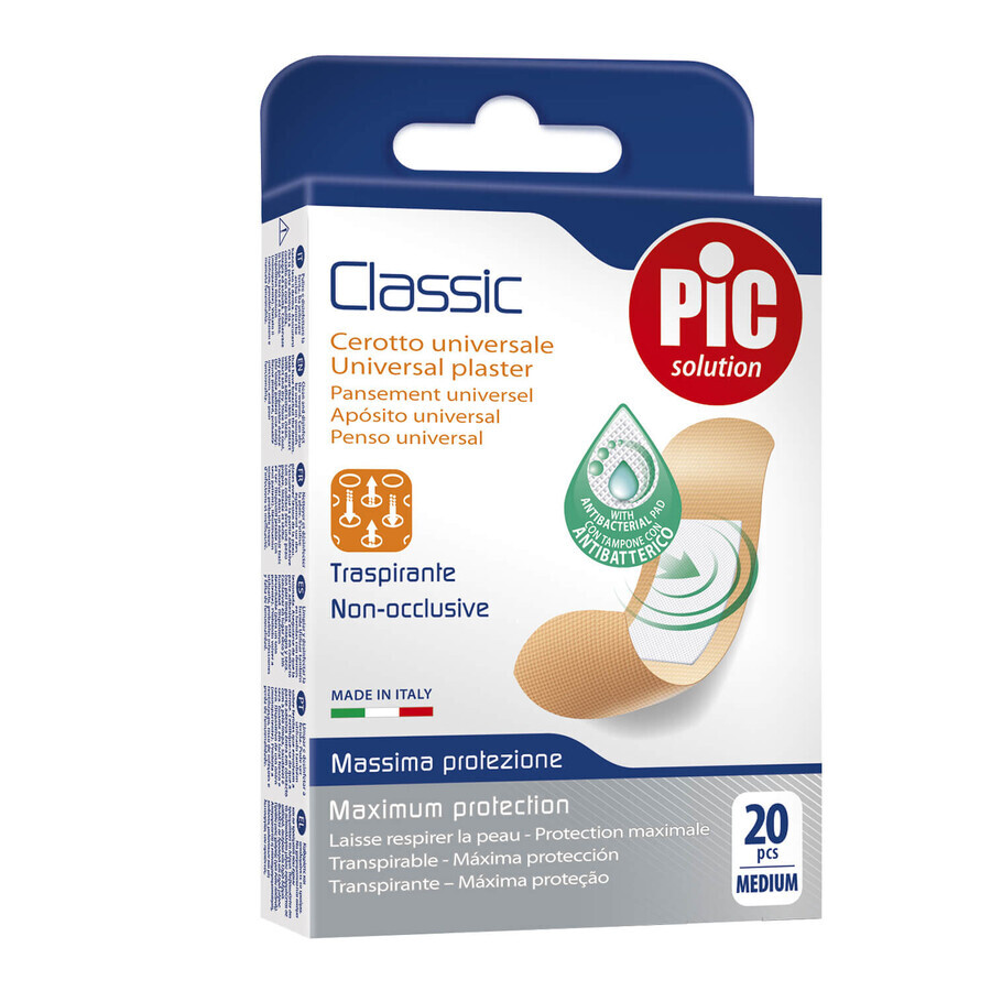 Pic Solution Classic, sparadrap, antibactérien, Medium, 19 mm x 72 mm, 20 pièces