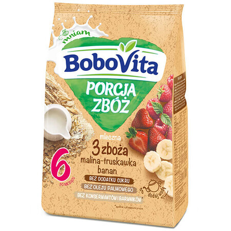 BoboVita Porcja Zbóż terci 3 cereale, zmeură, căpșuni, banane, lapte, fără zahăr adăugat, după 6 luni, 210 g