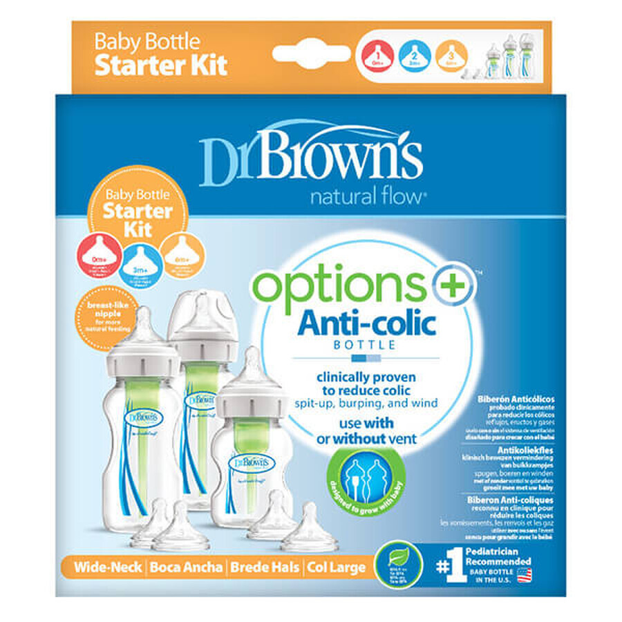 Kit de démarrage Dr Brown's Options+, petits biberons anti-coliques, 270 ml + 150 ml