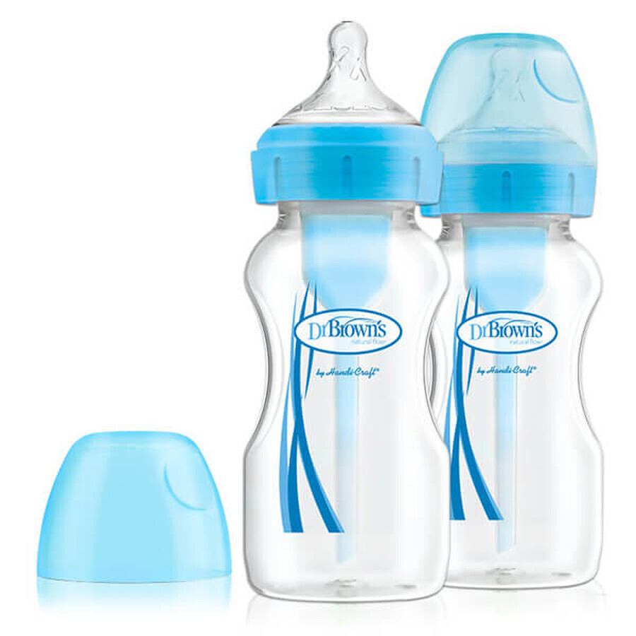 Dr Brown's Anti-Colic Baby Bottle, Wide Neck Options +, with Teat, Blue, 2 x 270ml