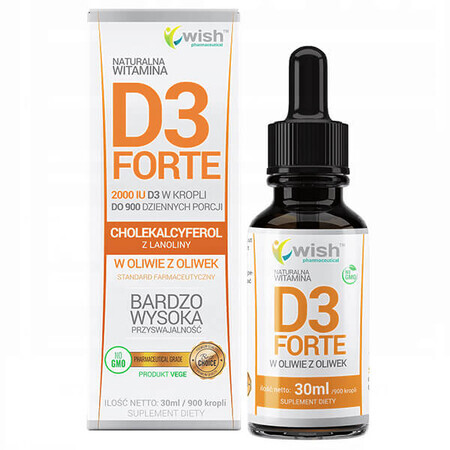 Wish, Vitamina D3 Forte 2000 UI, colecalciferolo con lanolina, gocce, 30 ml