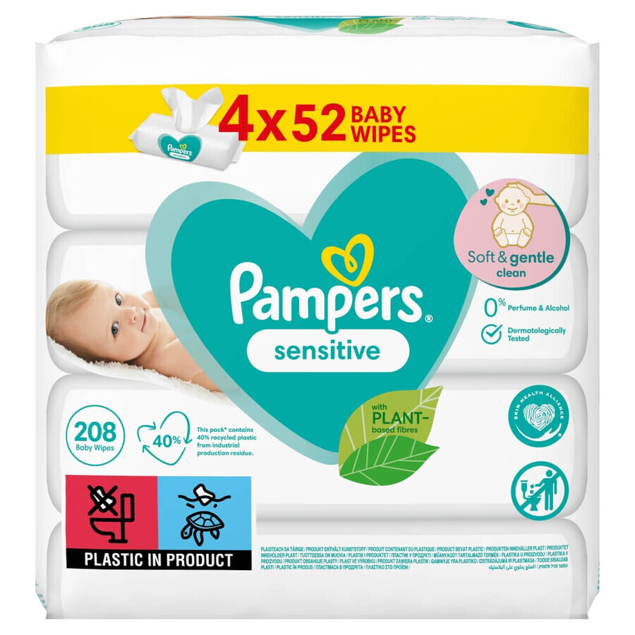 Pampers Sensitive, șervețele umede, 4 x 52 buc