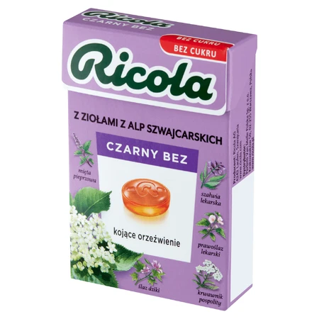 Ricola Black Elder, caramelos de hierbas suizos, sin azúcar, 27,5 g
