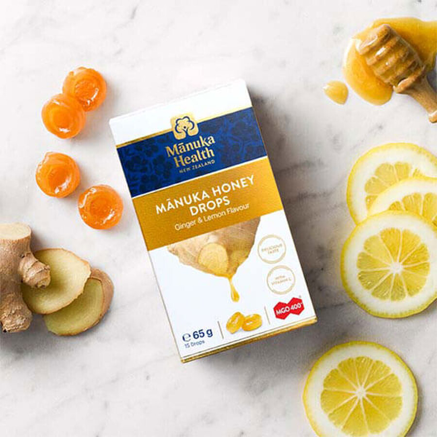 Manuka Health, Bonbons mit Manuka MGOM400 + Honig und Vitamin C, Geschmack: Ingwer und Zitrone, 15 Stück