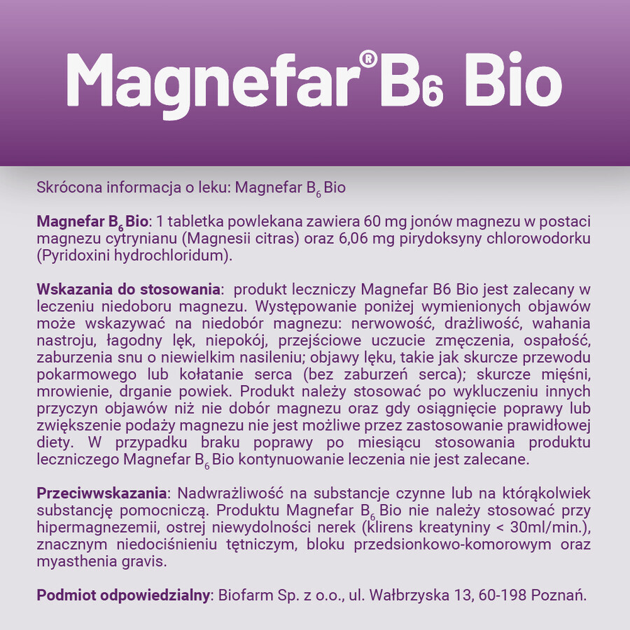 Magnefar B6 Bio 60 mg + 6,06 mg, 50 Tabletten