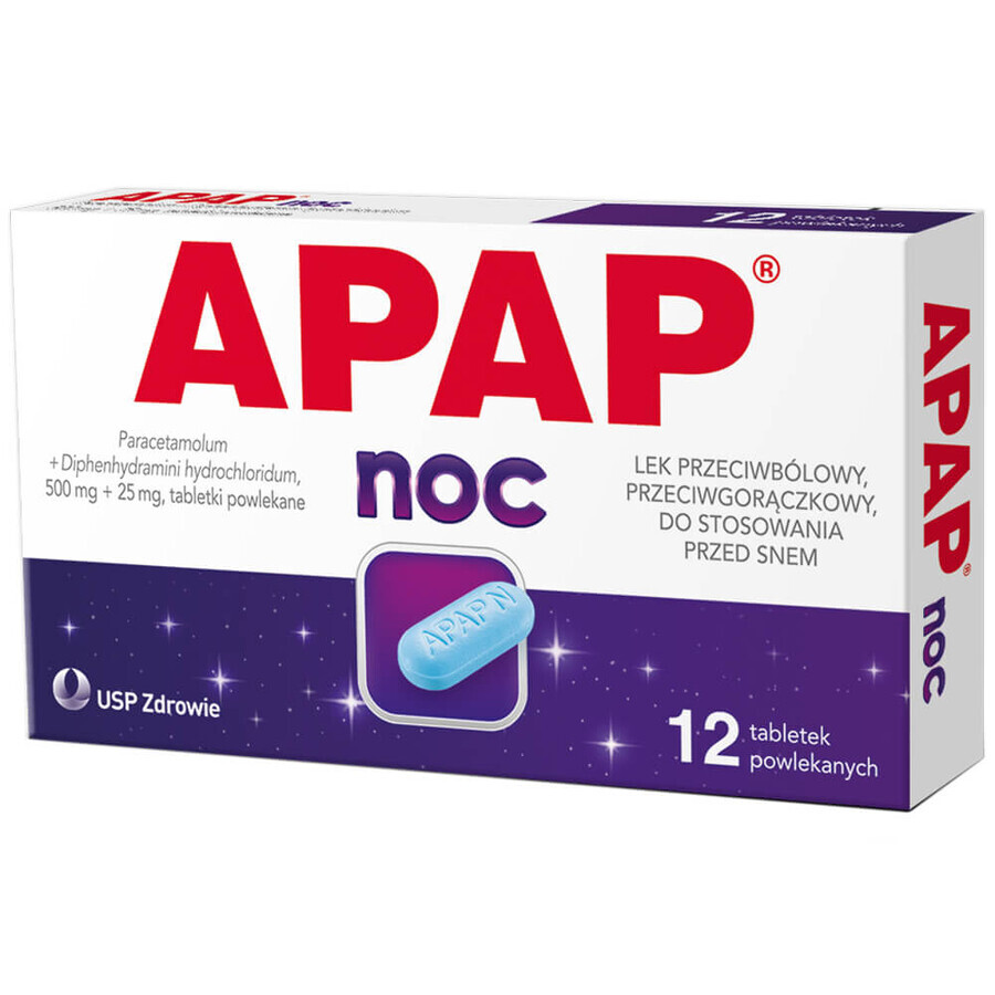 Apap Night 500 mg + 25 mg, 12 film-coated tablets