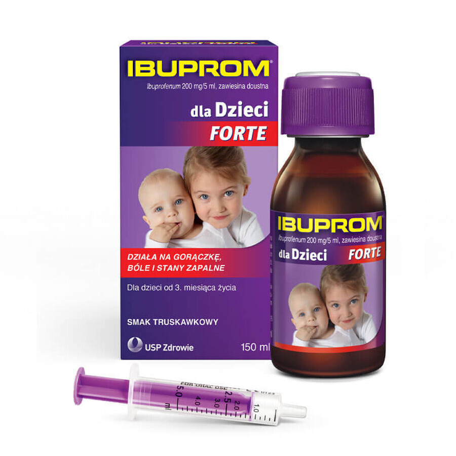 Ibuprom für Kinder Forte 200 mg/ 5 ml, Suspension zum Einnehmen, ab 3 Monaten, Erdbeergeschmack, 150 ml