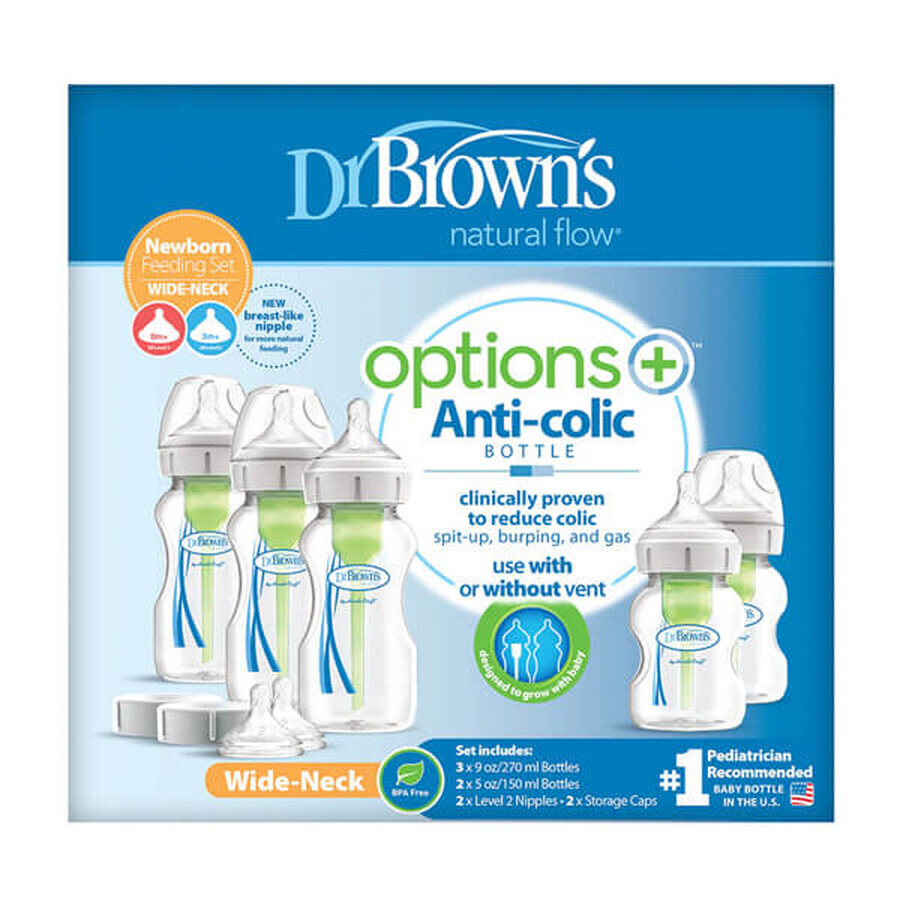 Dr Brown's Options+, set de démarrage grand, biberons anti-coliques standard, col large, 3 x 270 ml + 2 x 150 ml