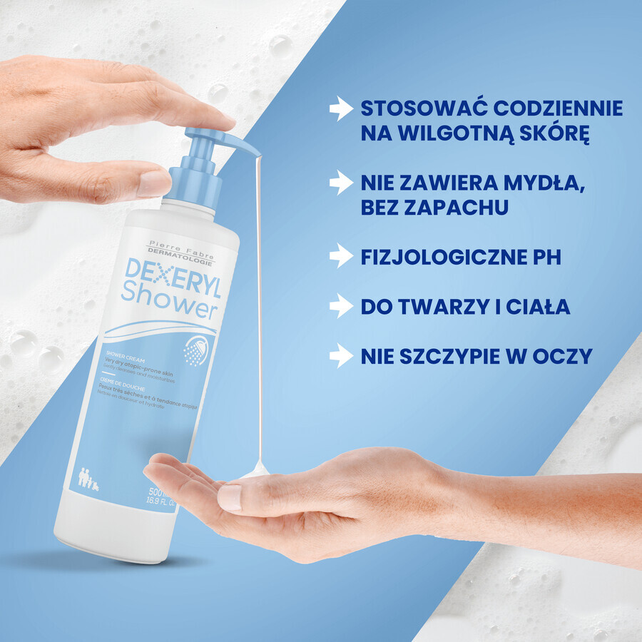 Dexeryl, Dusche, Reinigungscreme für Säuglinge, Kinder und Erwachsene, sehr trockene und atopische Haut, 500 ml