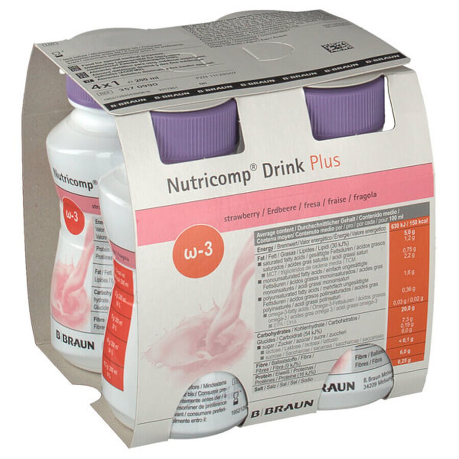 Nutricomp Drink Plus, Nährstoffpräparat, Erdbeergeschmack, 4 x 200 ml