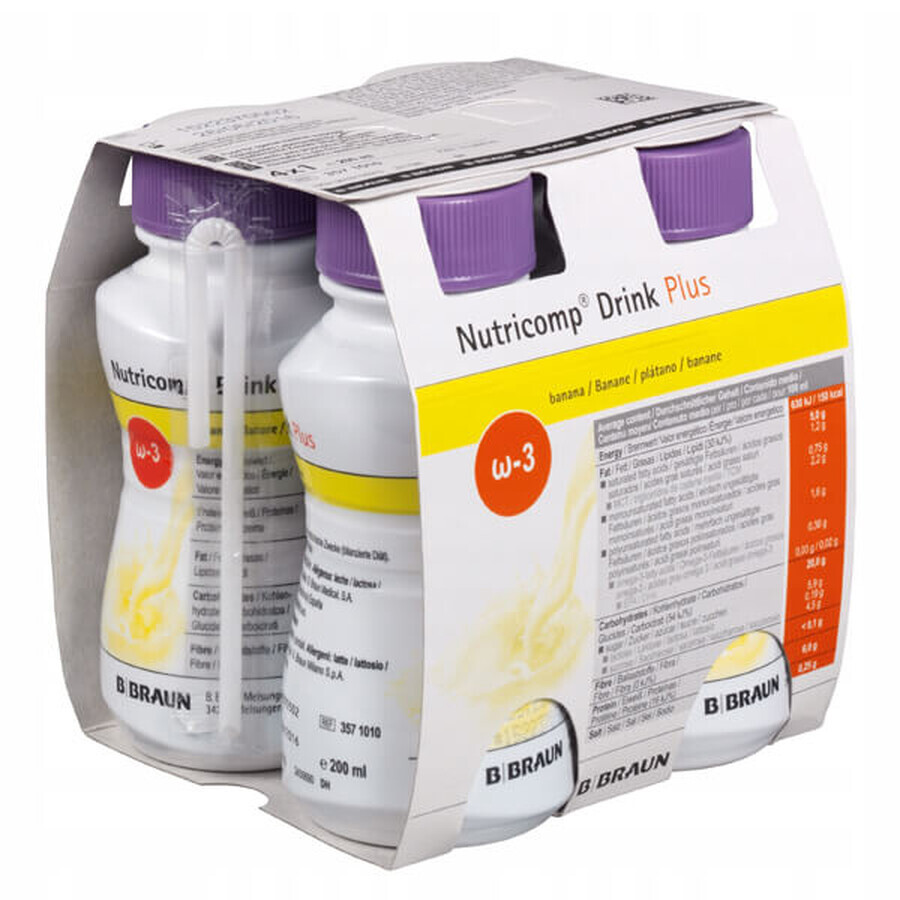 Nutricomp Drink Plus, preparat nutritiv, aromă de banane, 4 x 200 ml