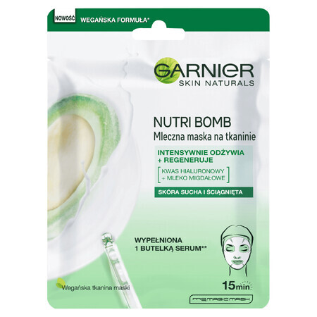 Garnier Skin Naturals Nutri Bomb, maschera in tessuto nutriente e ricostituente con latte di mandorla, 1 pezzo