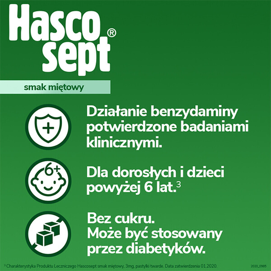 Hascosept 3 mg, mint flavor, 24 hard tablets