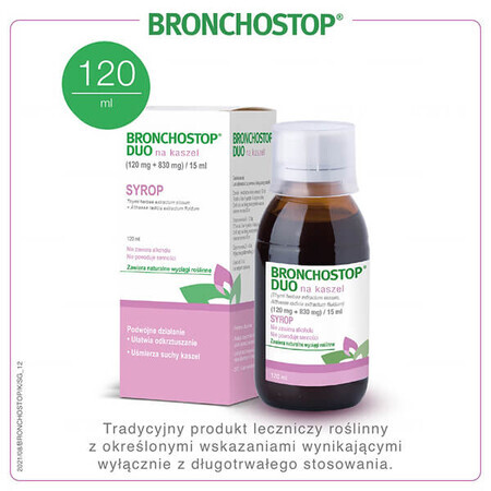 Bronchostop Duo for cough (120 mg + 830 mg)/ 15 ml, syrup, 120 ml