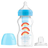 Dr Brown's Options+, Bottle to Cup Set, Anti-Colic Bottle, Wide Neck, 270ml with Teat, Level 3 + Drip Free Mouth, Blue