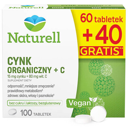 Naturell Organic Zinc + C, 60 tablets + 40 free tablets