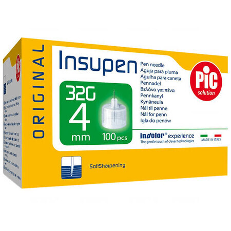 Pic Solution Insupen, Insulin-Pen-Nadeln, 32G (0,23 mm) x 4 mm, 100 Stück